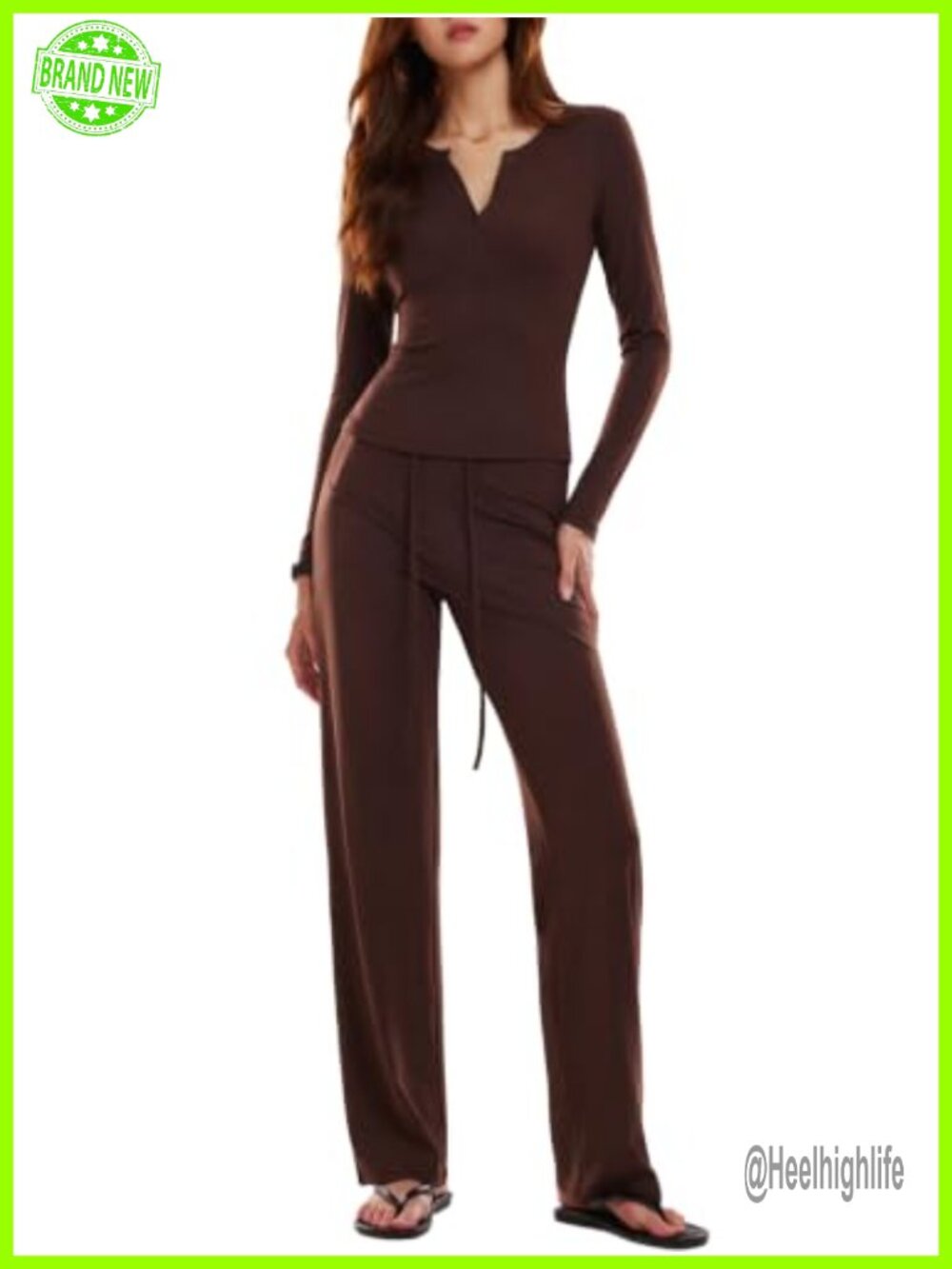 Women's 2 Piece Lounge Set Nylon Spandex Henley Wide Leg Pant Set